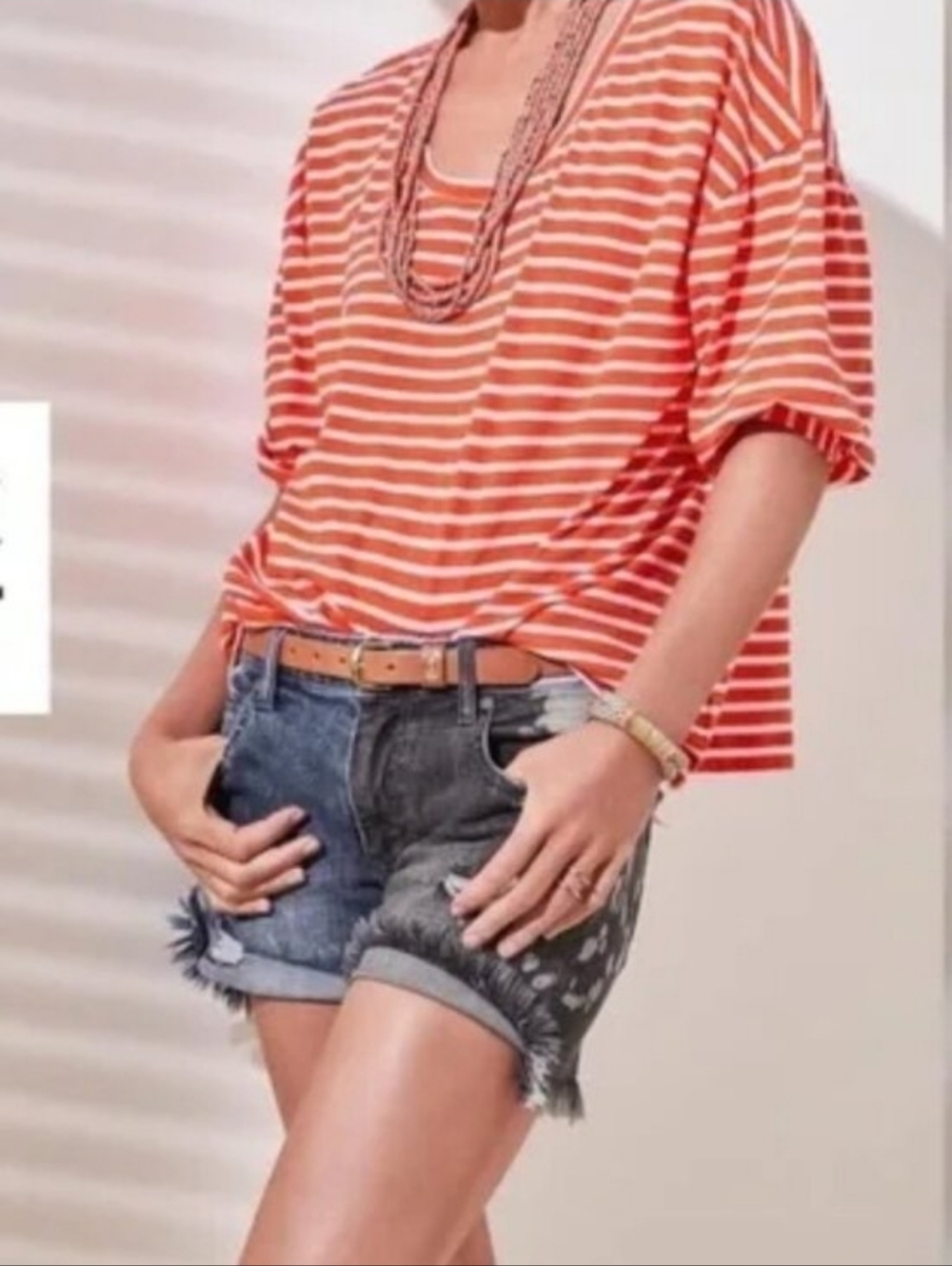 CABI #5987 Two-Tone Colorblock Distressed Raw Hem Park Jean Shorts
